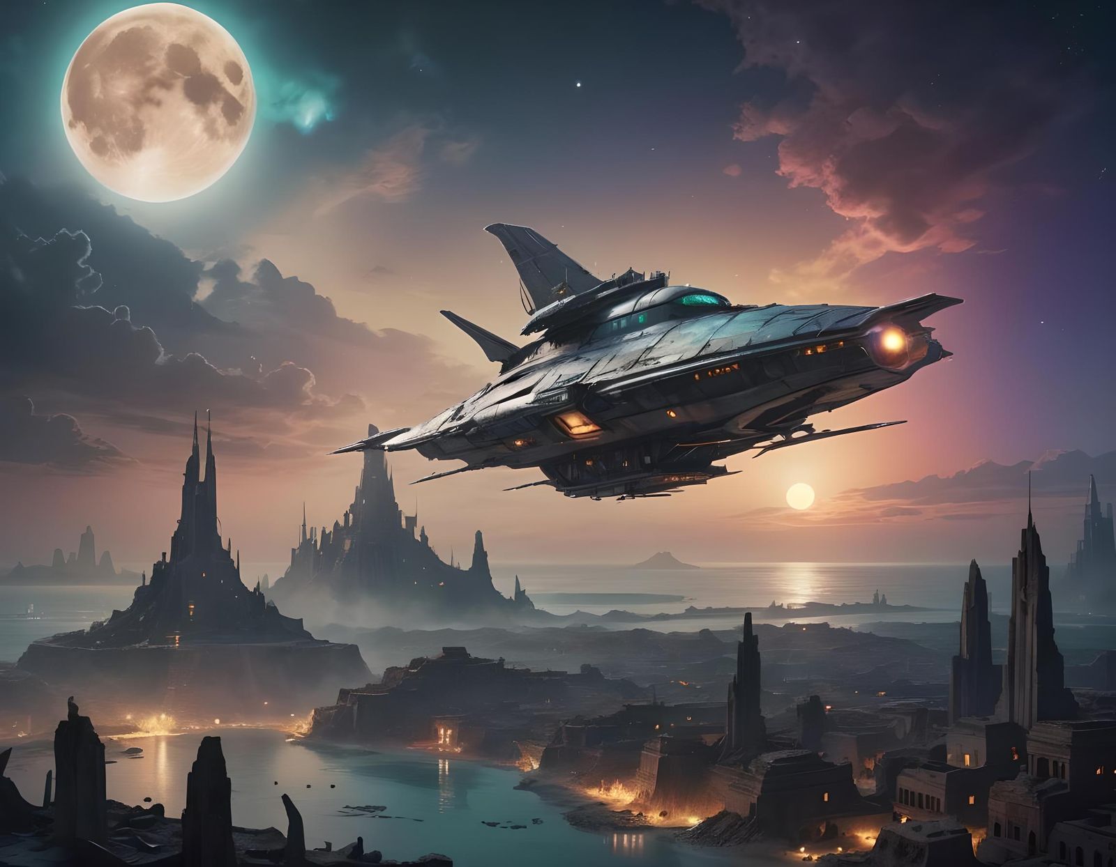 Sleek Spaceship Soars Over Post-Apocalyptic City