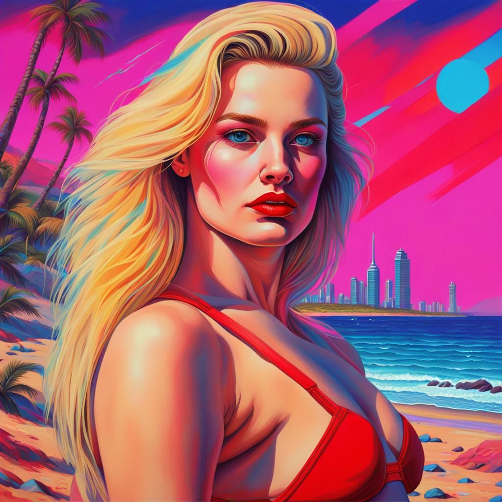 Voluptuous Woman in Retrowave Synthwave Art Style