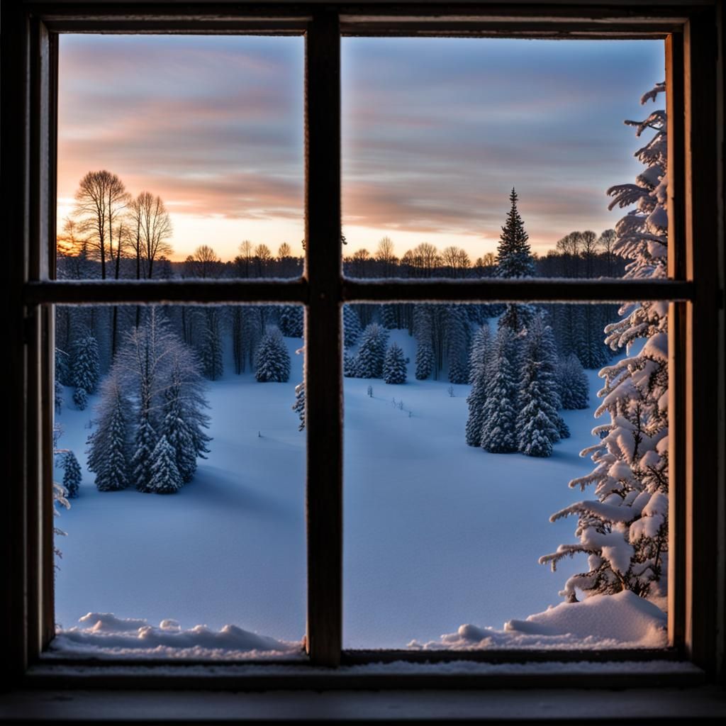 Evening Christmas Landscape Through Window