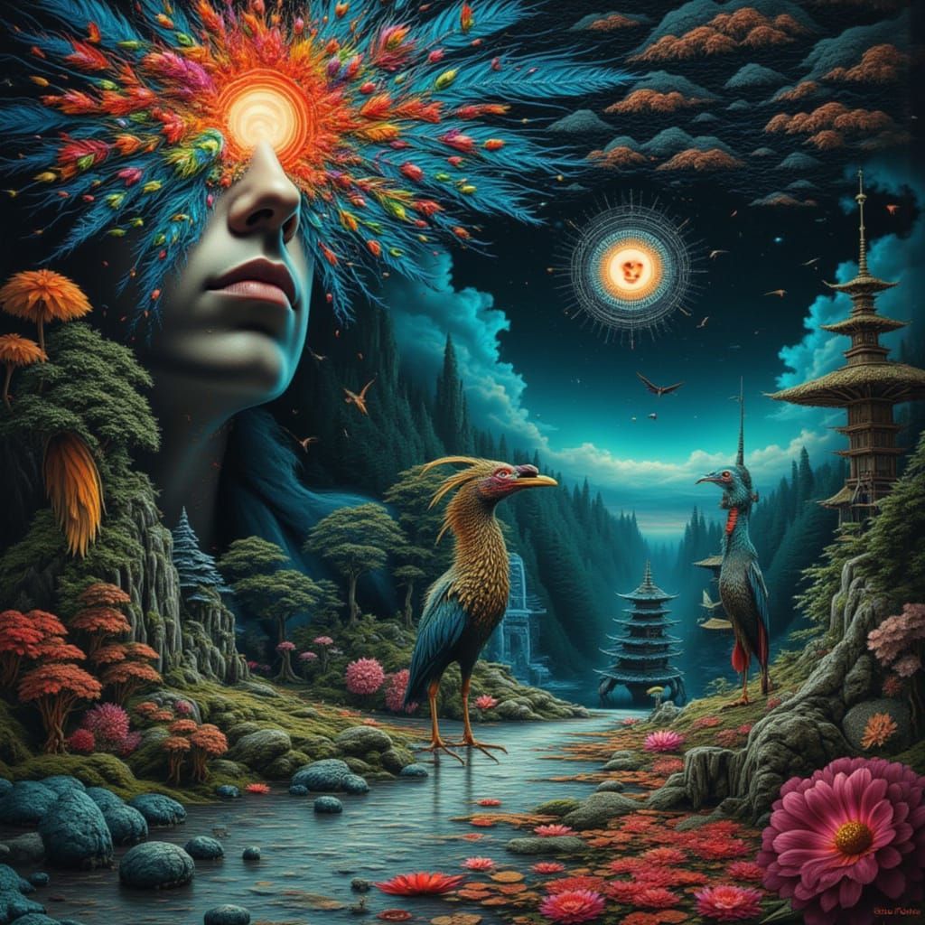 Surreal Heron in Paper Zen Garden with Digital Inkblot