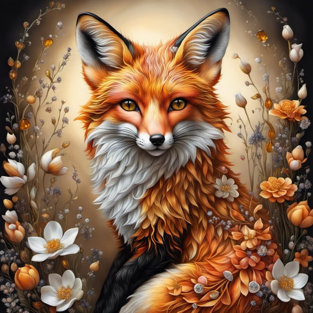 Fox and Flowers in Magical Realism Style