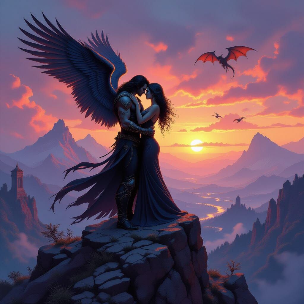 Undead Couple with Wings Embrace on Mountain Peak