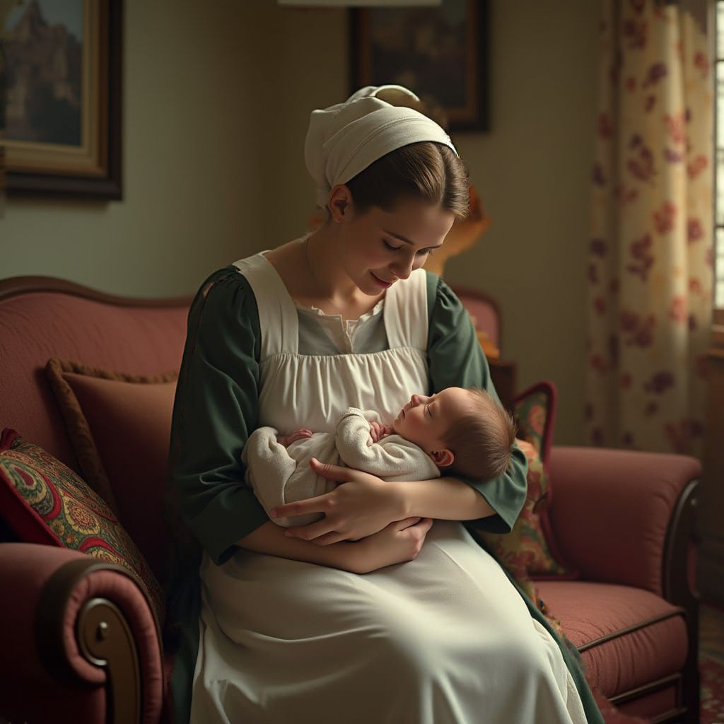 Amish Mother in Cozy Fantasy Living Room with Newborn