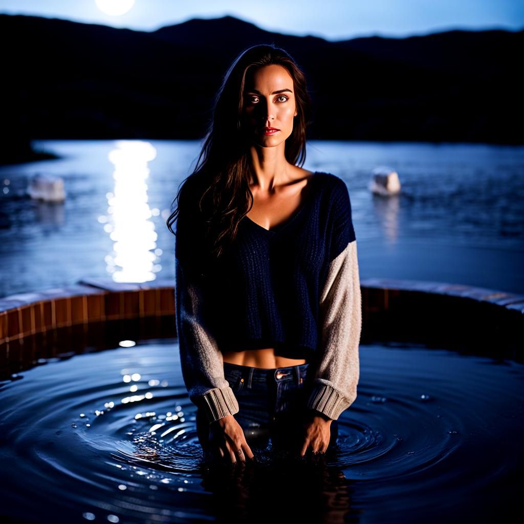 Moonlit Hot Tub Dip: Photorealistic Nighttime Valley View