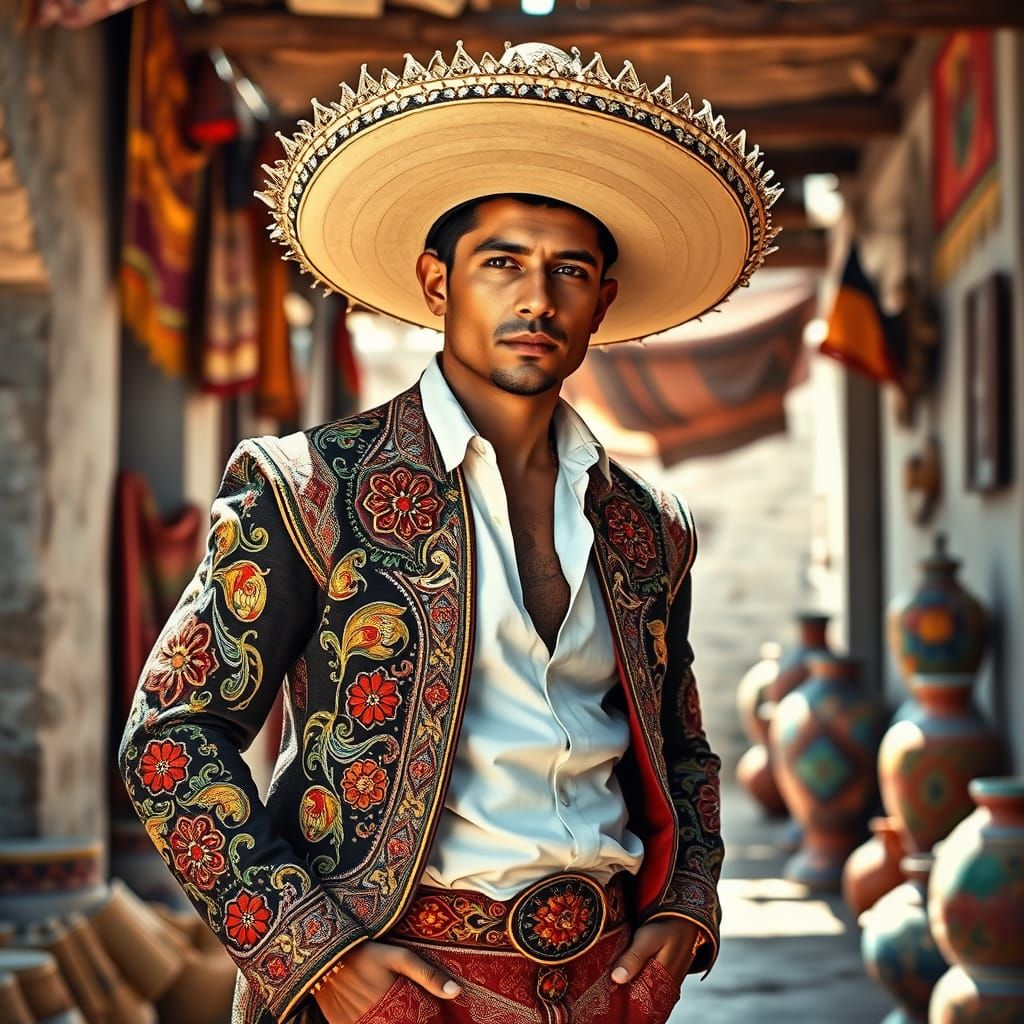 Charro Portrait in Vibrant Style of Rivera and Orozco