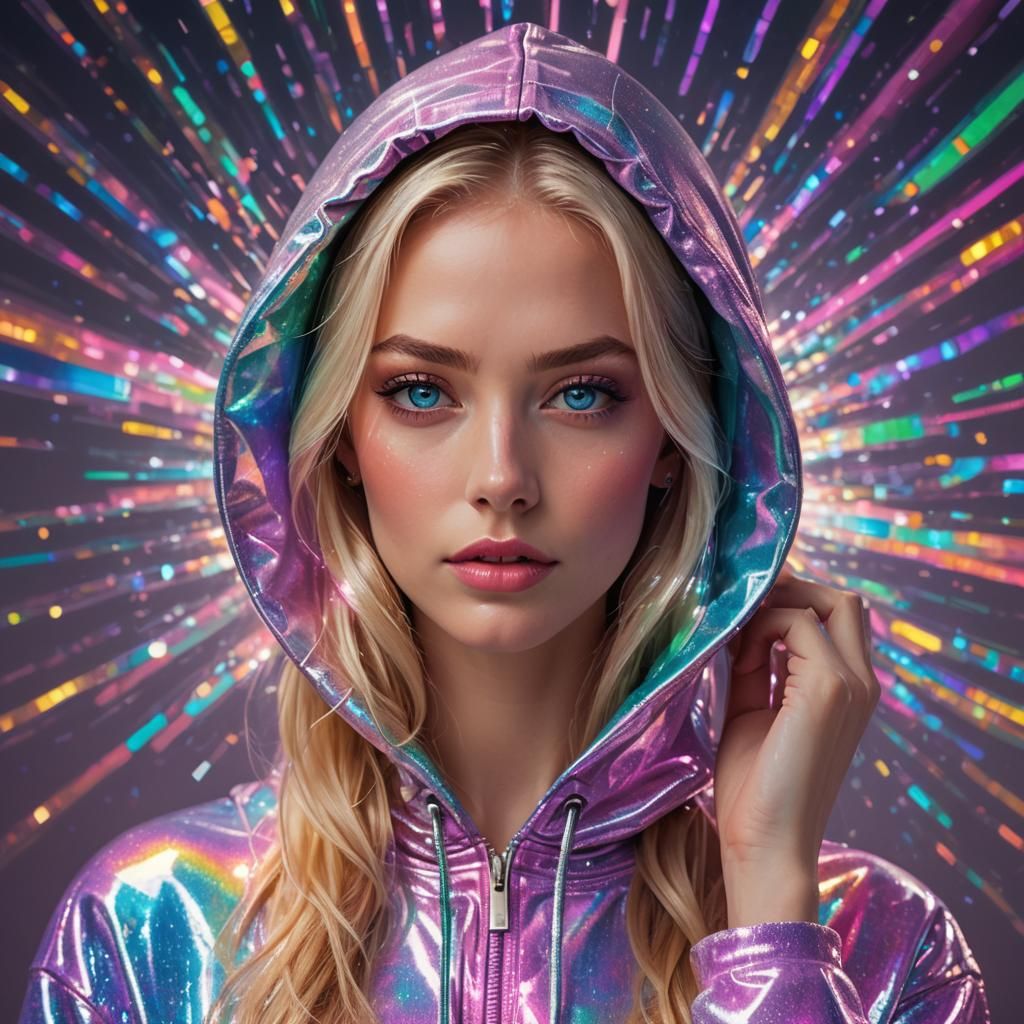 Woman in Holographic Hoodie, Cyberpunk Style