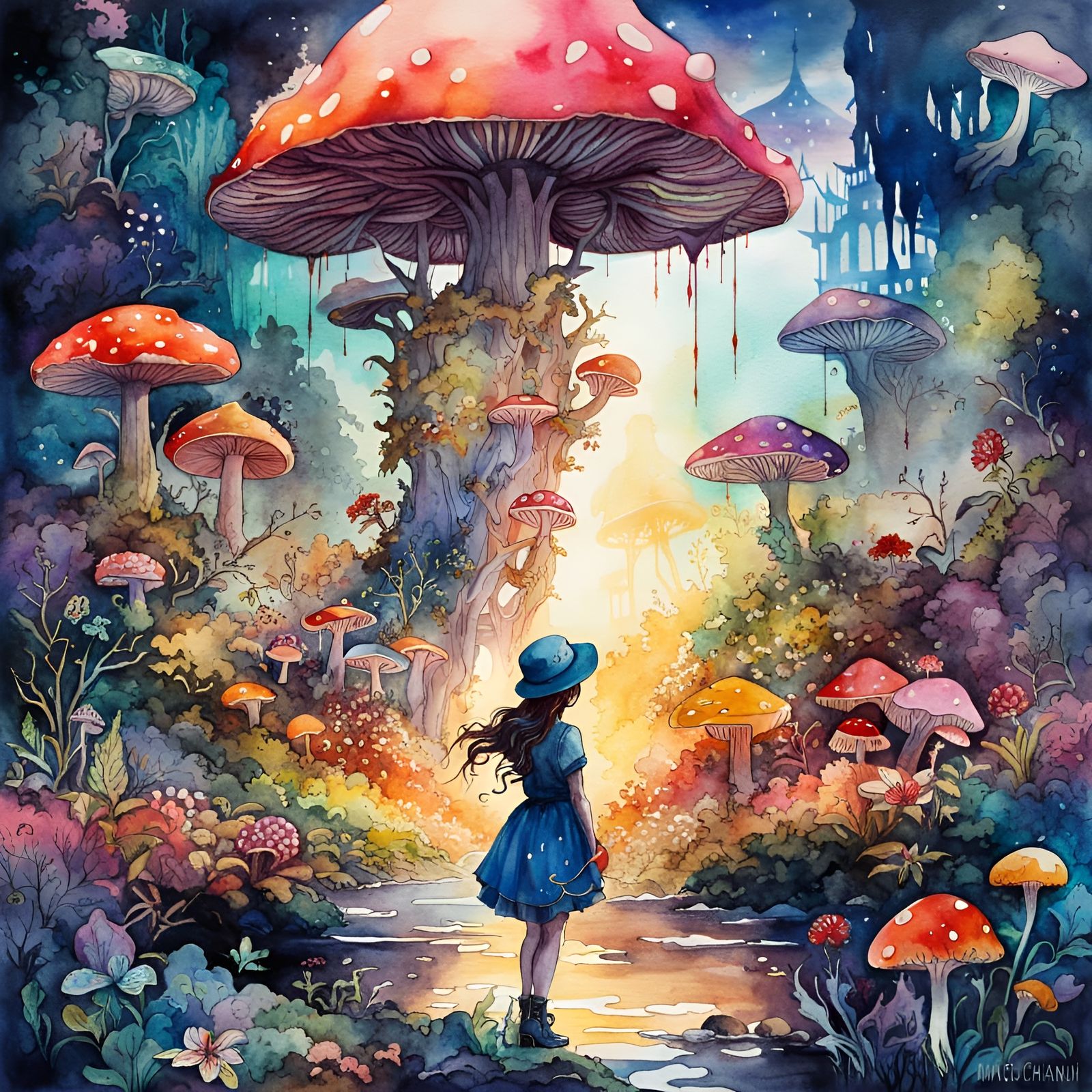 Glowing Mushroom Kingdom: Surreal Watercolor Fantasy