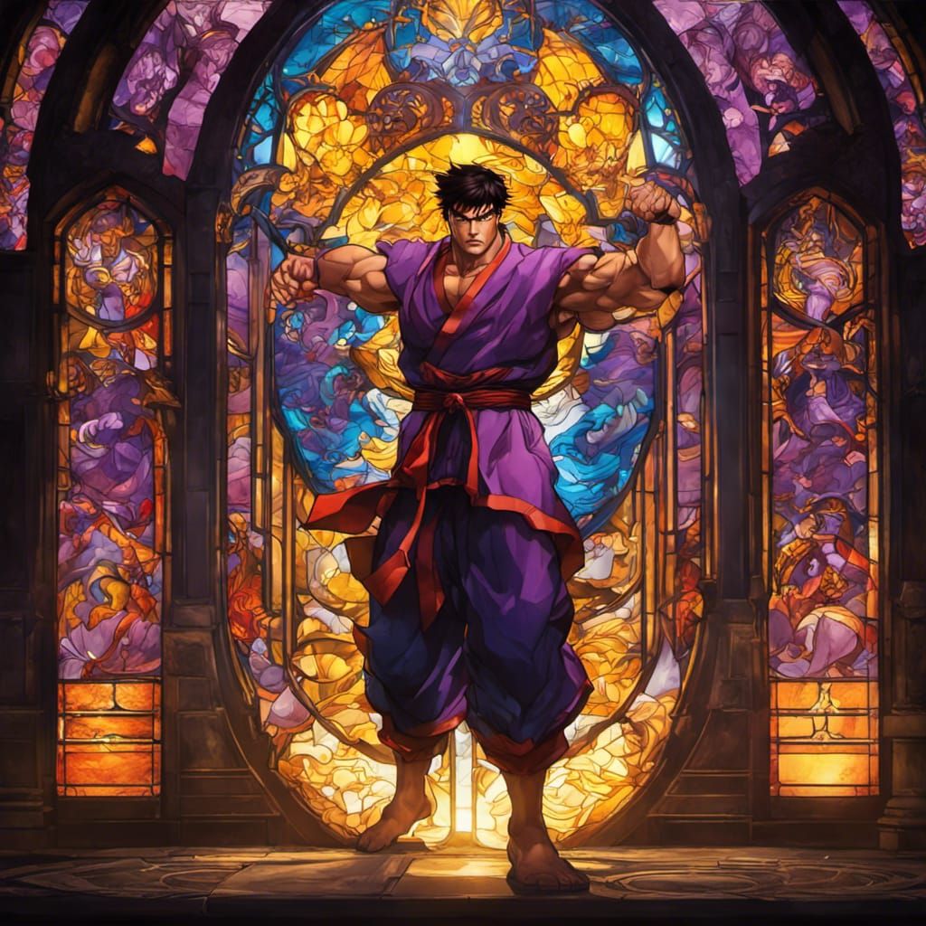 Stained Glass Ryu Street Fighter in Dark Fantasy Style
