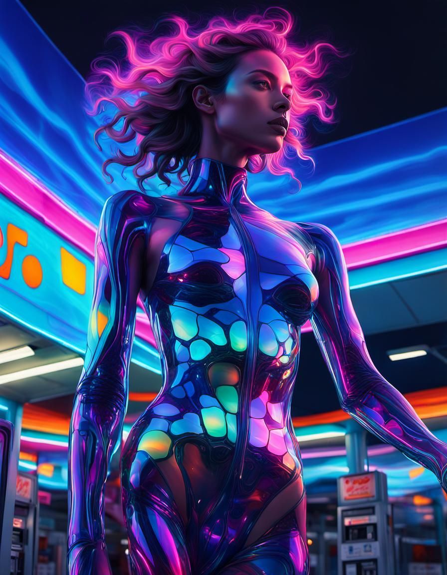 Woman in Fractal Bodysuit at Gas Station