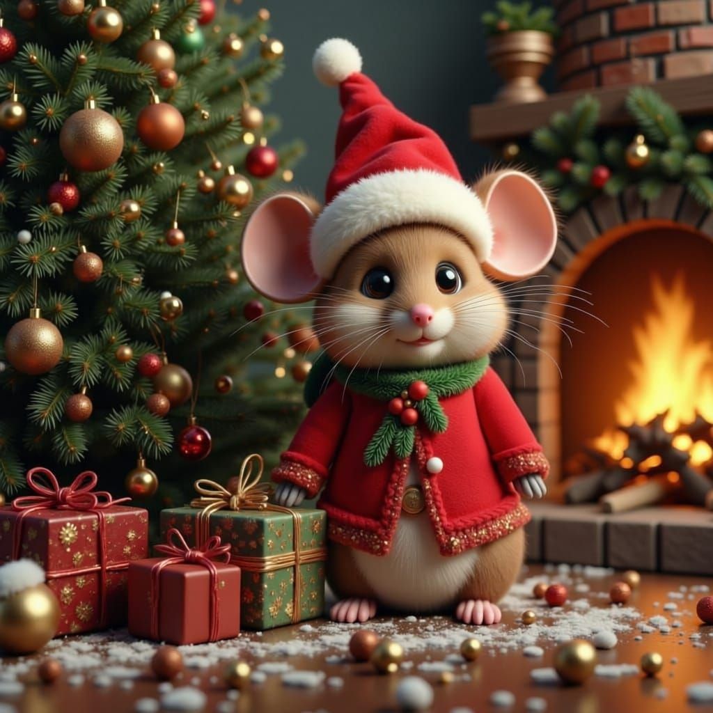 Steampunk Christmas Mouse in Cozy Home