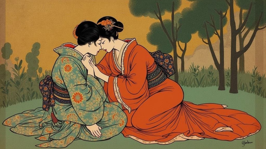 Figures Embrace in Traditional Ukiyo-e Style
