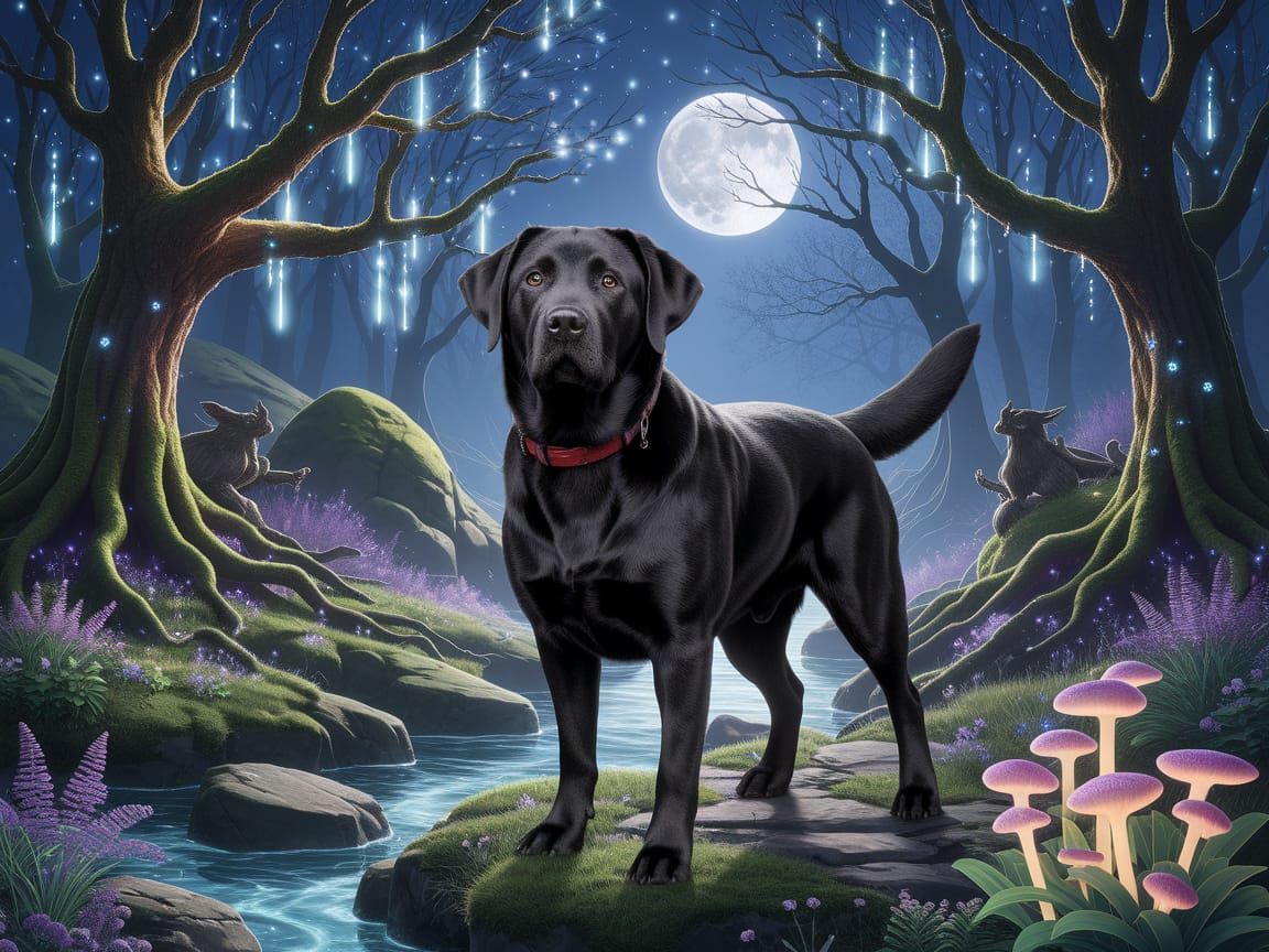 Majestic Black Labrador in Enchanted Forest, Cyberpunk Style