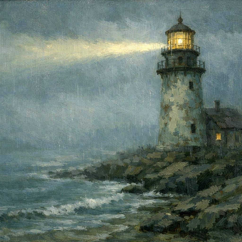 Atmospheric Oil Painting of a Foggy Lighthouse Scene