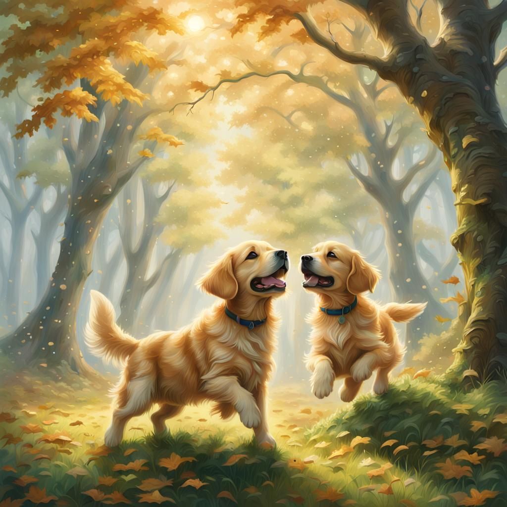 Golden Retriever Puppies Play in Hyperrealistic Forest