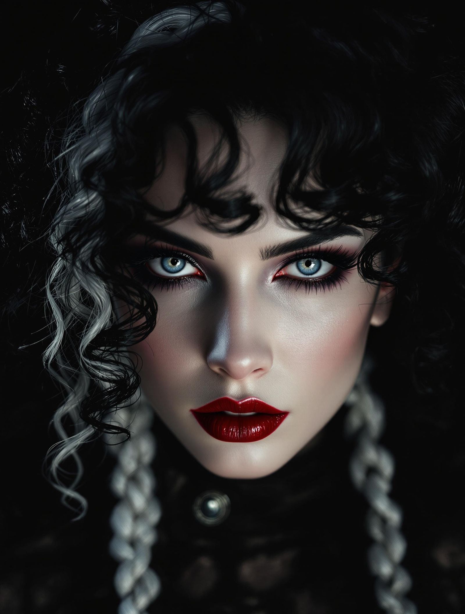 Gothic Woman with Dramatic Makeup and White Streak