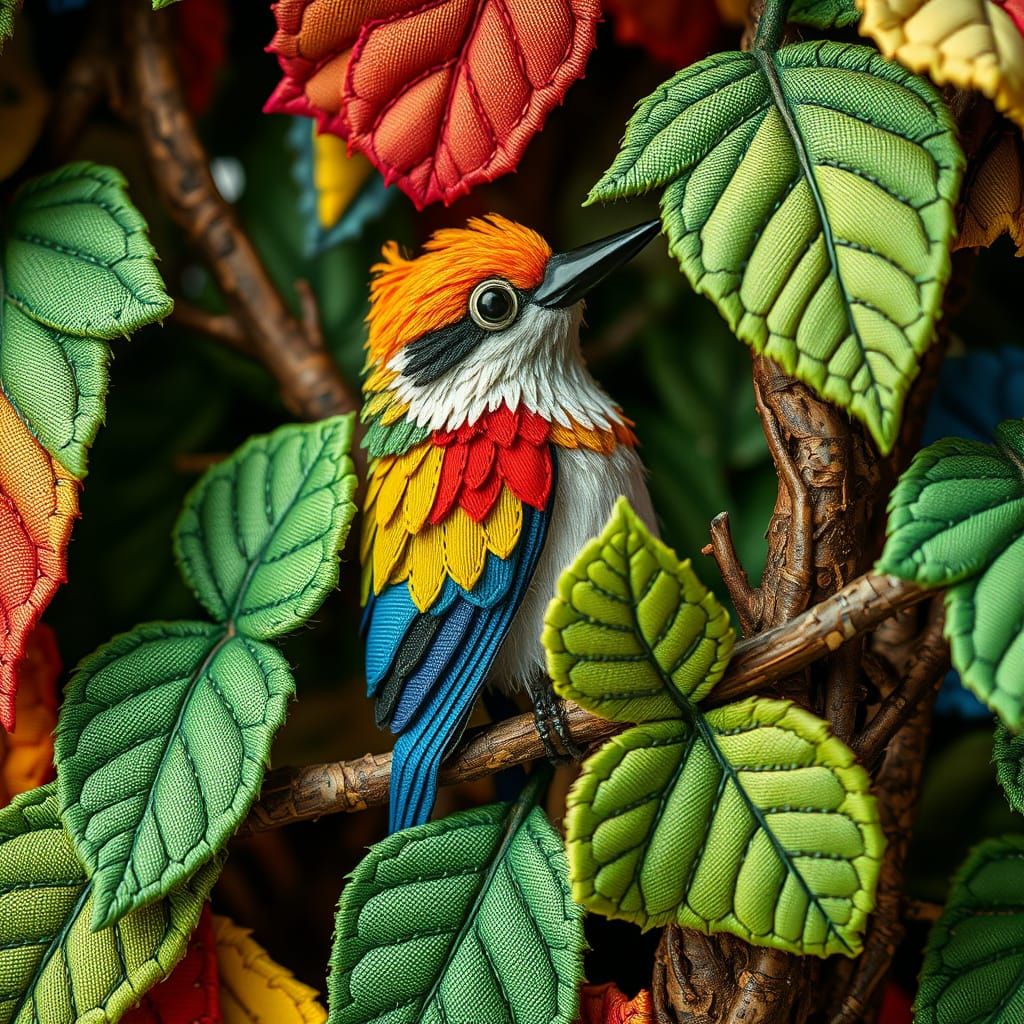 Vibrant Fabric Bird Amidst Lush Greenery
