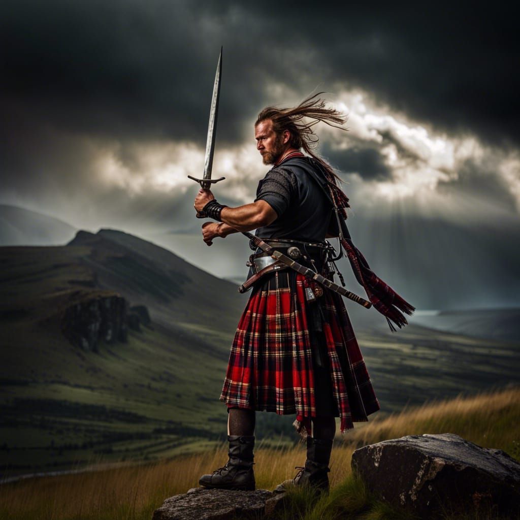 Highlander Warrior with Sword in Stormy Highlands