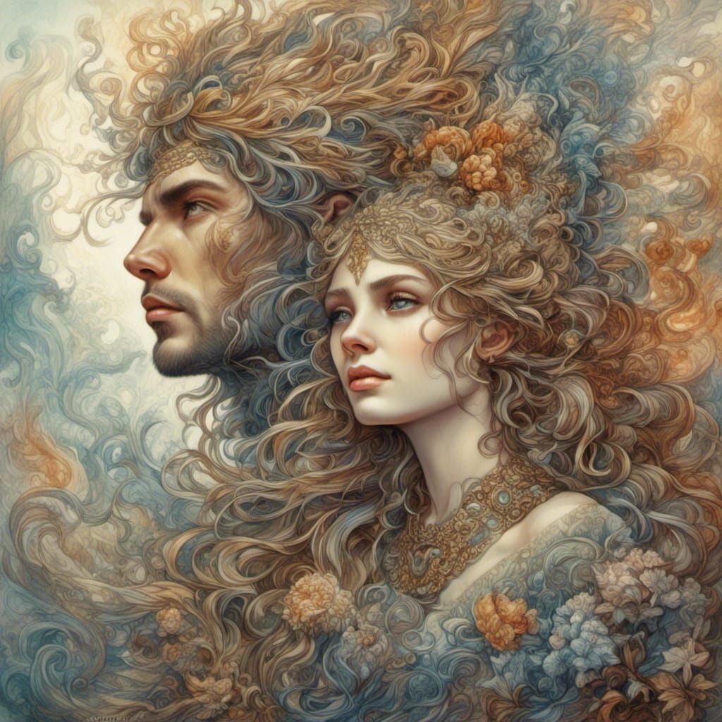 Beautiful Young Couple by Dawn in a Fantasy World
