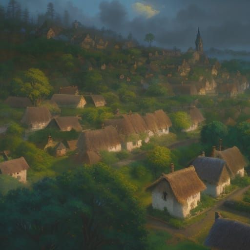 Gigantic Tree Towers over Tiny Village: Impressionist