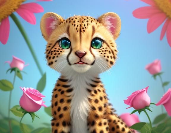 Baby Cheetah in Rose, 3D Digital Art