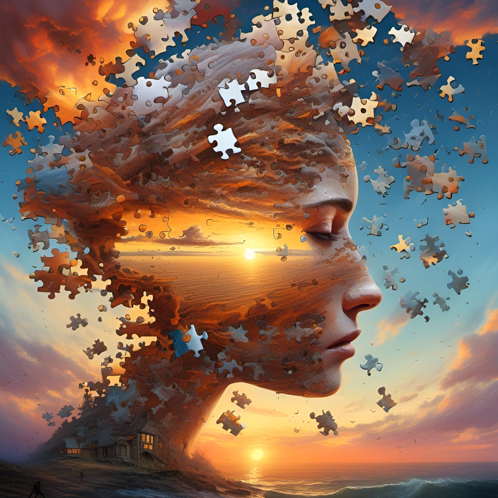 Sunset Face in Transparent Jigsaw Puzzle Portrait