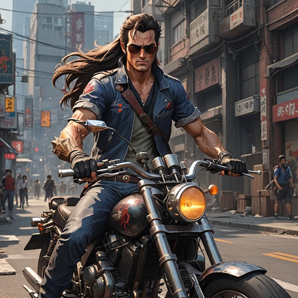 Ash Williams Rides Motorcycle in Anime Style