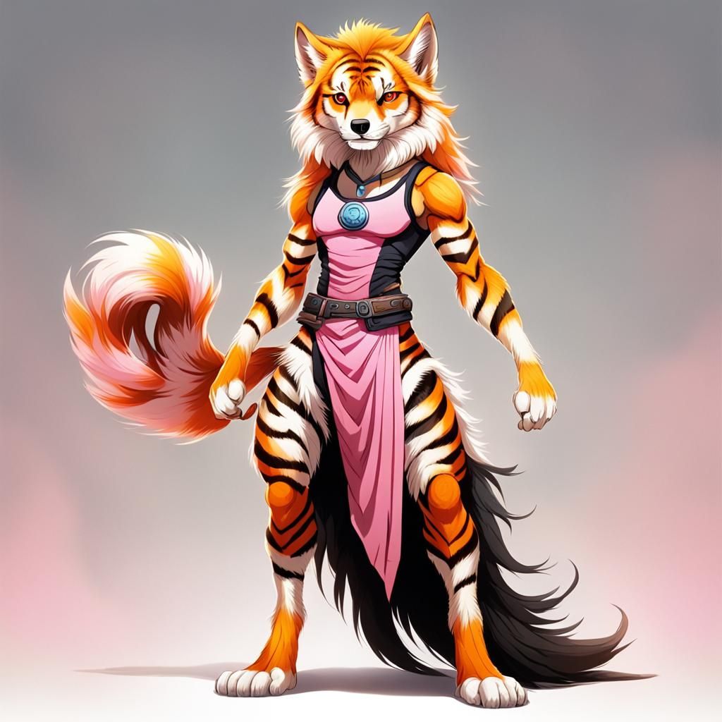 Anthropomorphic Wolf-Tiger Pup in Tank Top and Dress