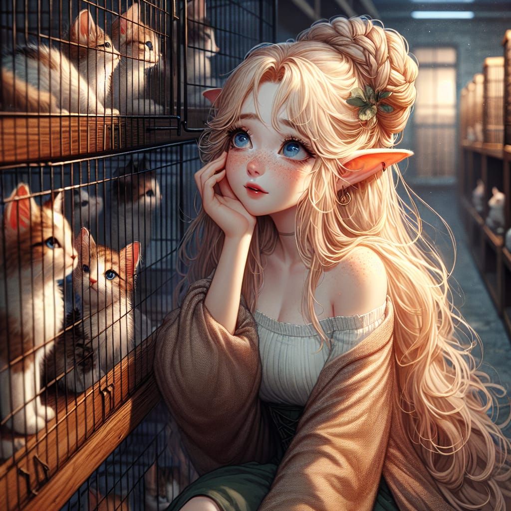 Elf Teenager Admires Kittens: Fantasy Concept Art