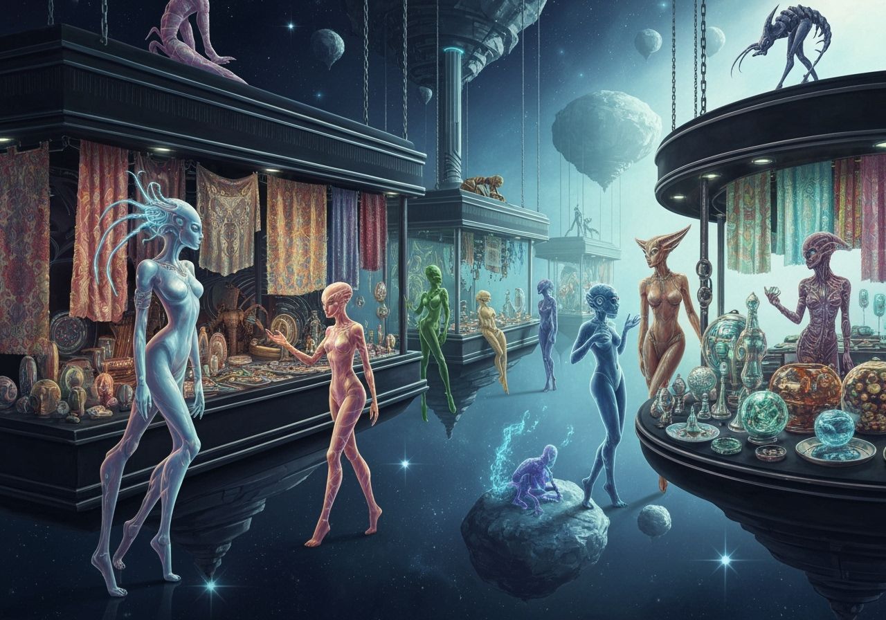 Zero-Gravity Bazaar with Alien Merchants in Art Deco Style