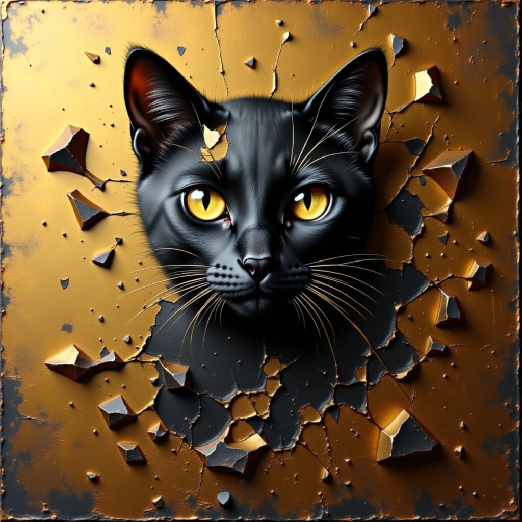 Golden-Eyed Black Cat in Impasto Style