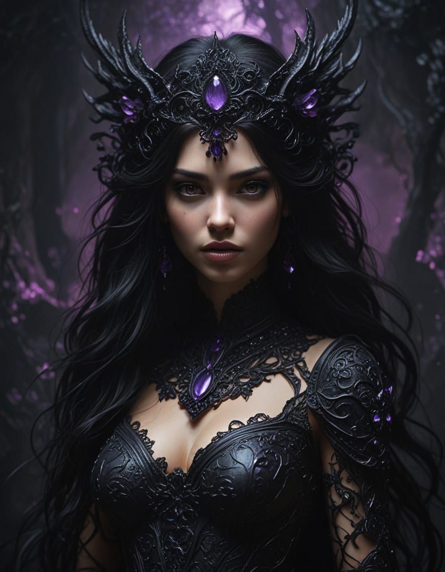 Dark Goddess in Obsidian Impasto Oil Painting