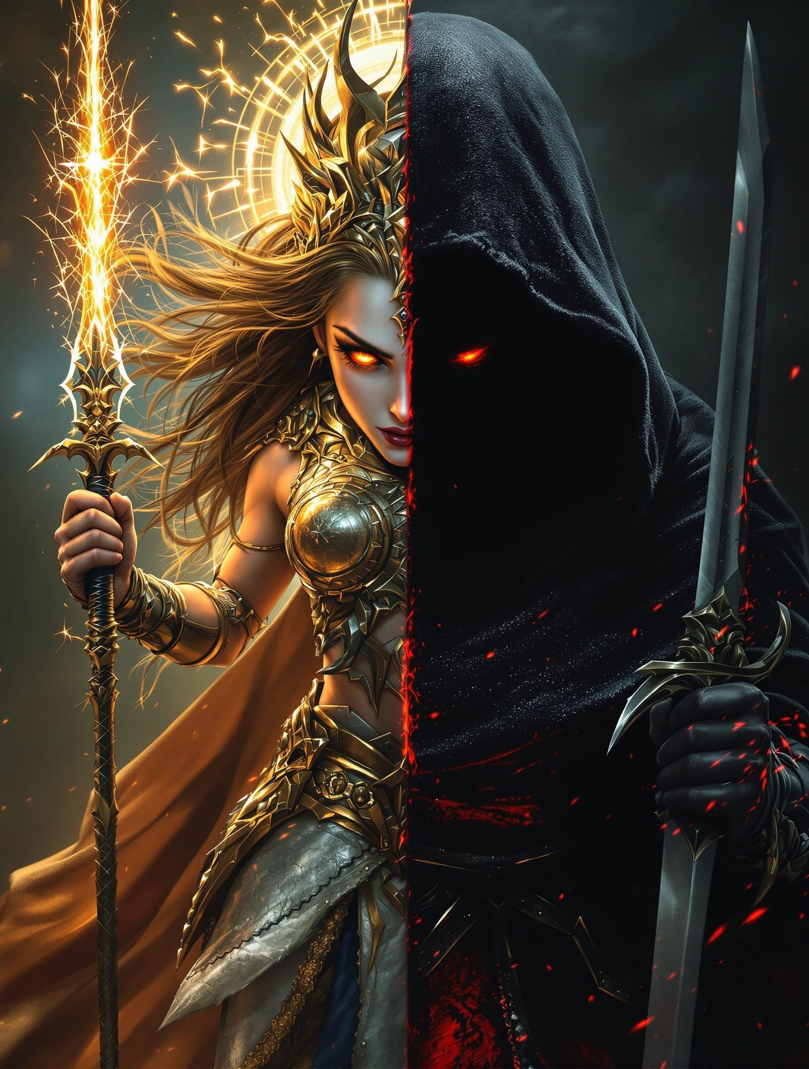 A split portrait of a powerful warrior goddess. The left sid...