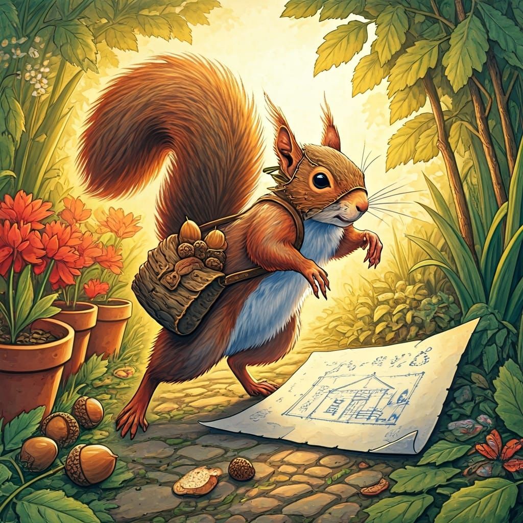 Whimsical Squirrel Bandit Leaping with Acorns