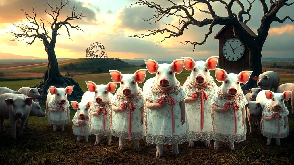 Surreal Ghost Pigs on Farm in Hyper-Realistic Style