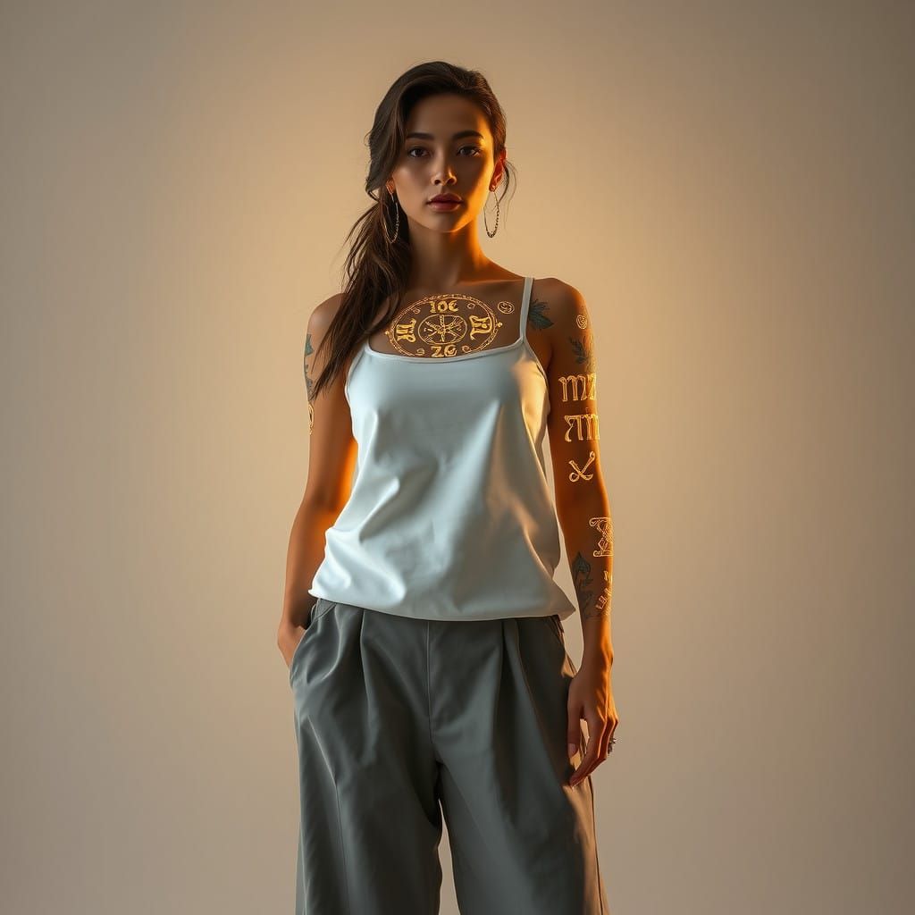 Elegant Slavic Warrior Unveiled in Radiant Rune Tattoos