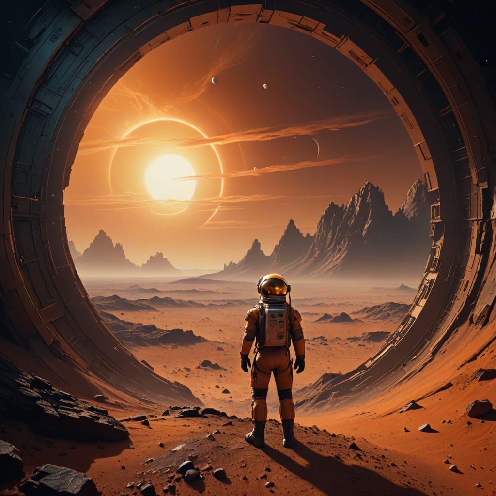 Astronaut at Martian Portal in Cosmic Horror Style