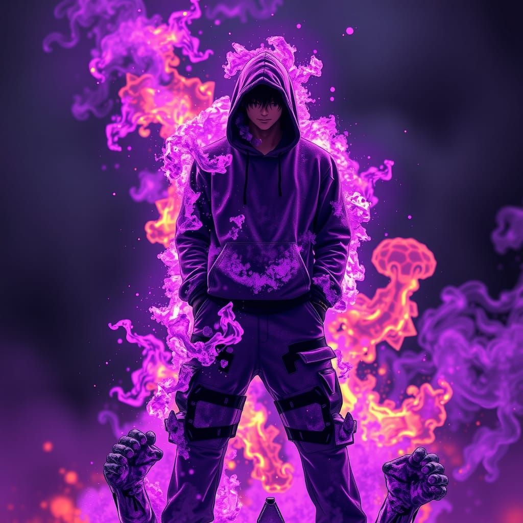 Ash Man Engulfed in Black Fire Anime Style