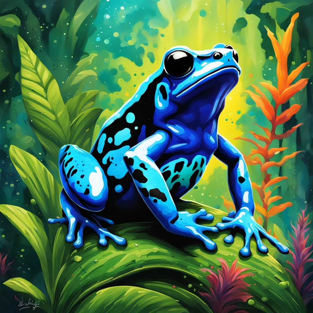 cute Blue poison dart frog in a lush green tropical forest