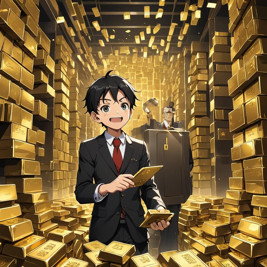 Anime Banker in Gold Vault with Rising Graph