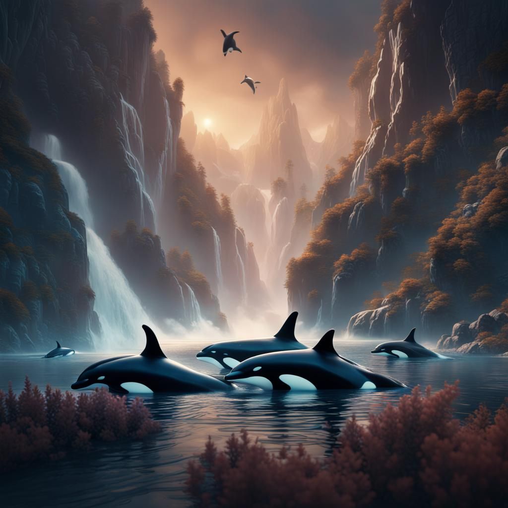 Majestic Orcas in Detailed Matte Painting