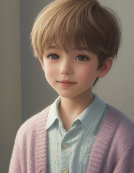 Joyful Boy in Cardigan, Whimsical Watercolor Portrait