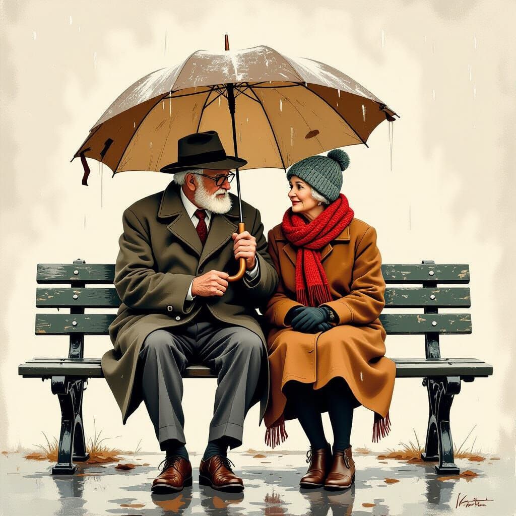 Elderly Couple Sharing Umbrella in Rockwell Style