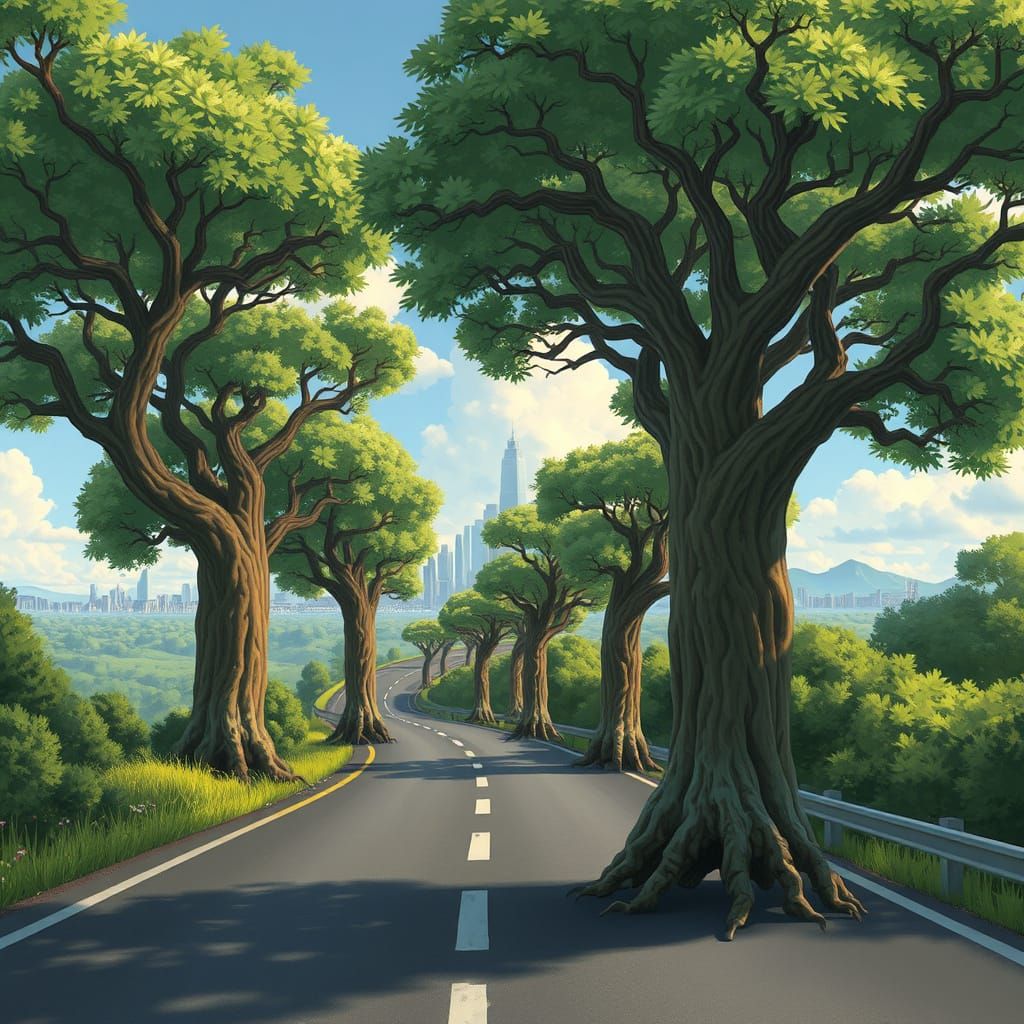 Trees March Down the Highway Towards a Distant City Skyline ...