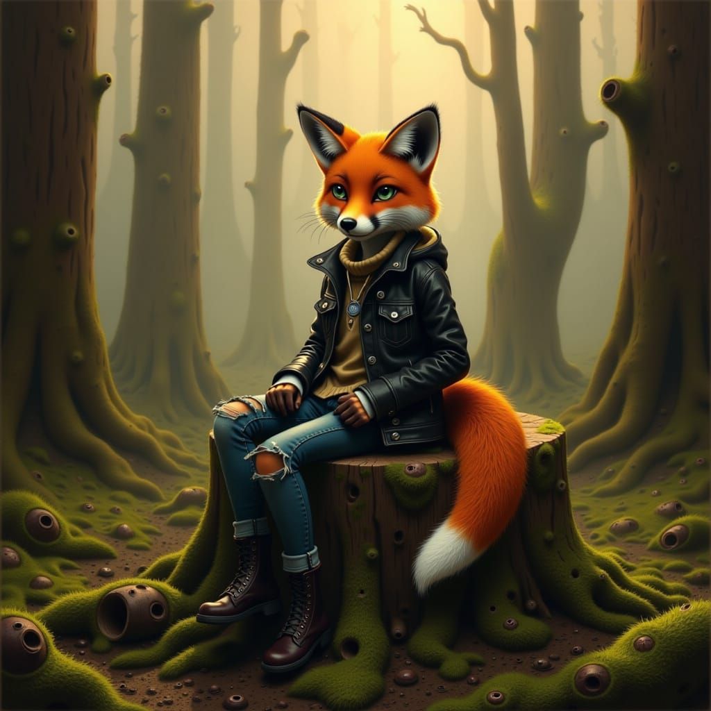 Fox Lounging in Misty Woodland: Digital Art