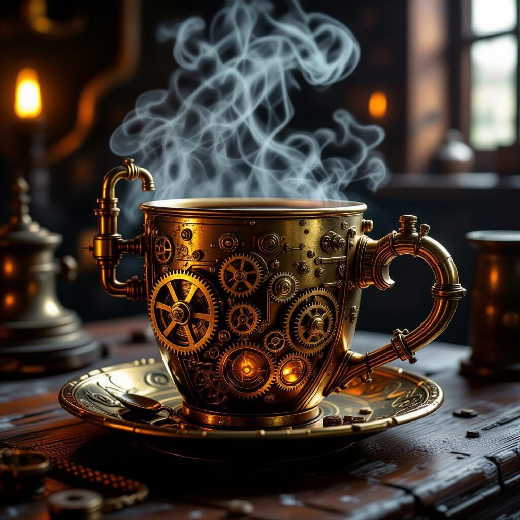 Steampunk Coffee Cup: Living Machine in Victorian Workshop