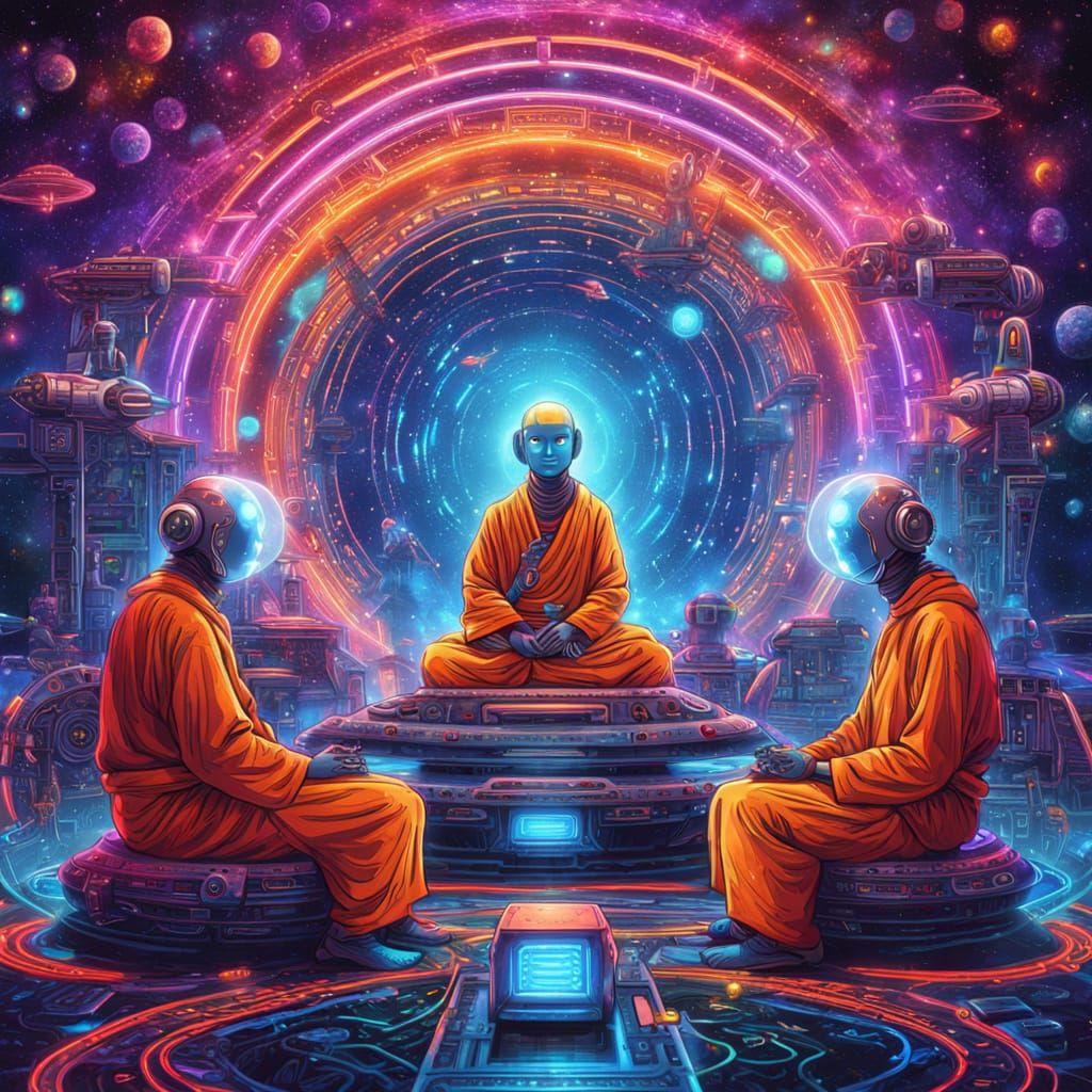 Robot Monks Meditate on Spaceship in Vibrant Astral Art