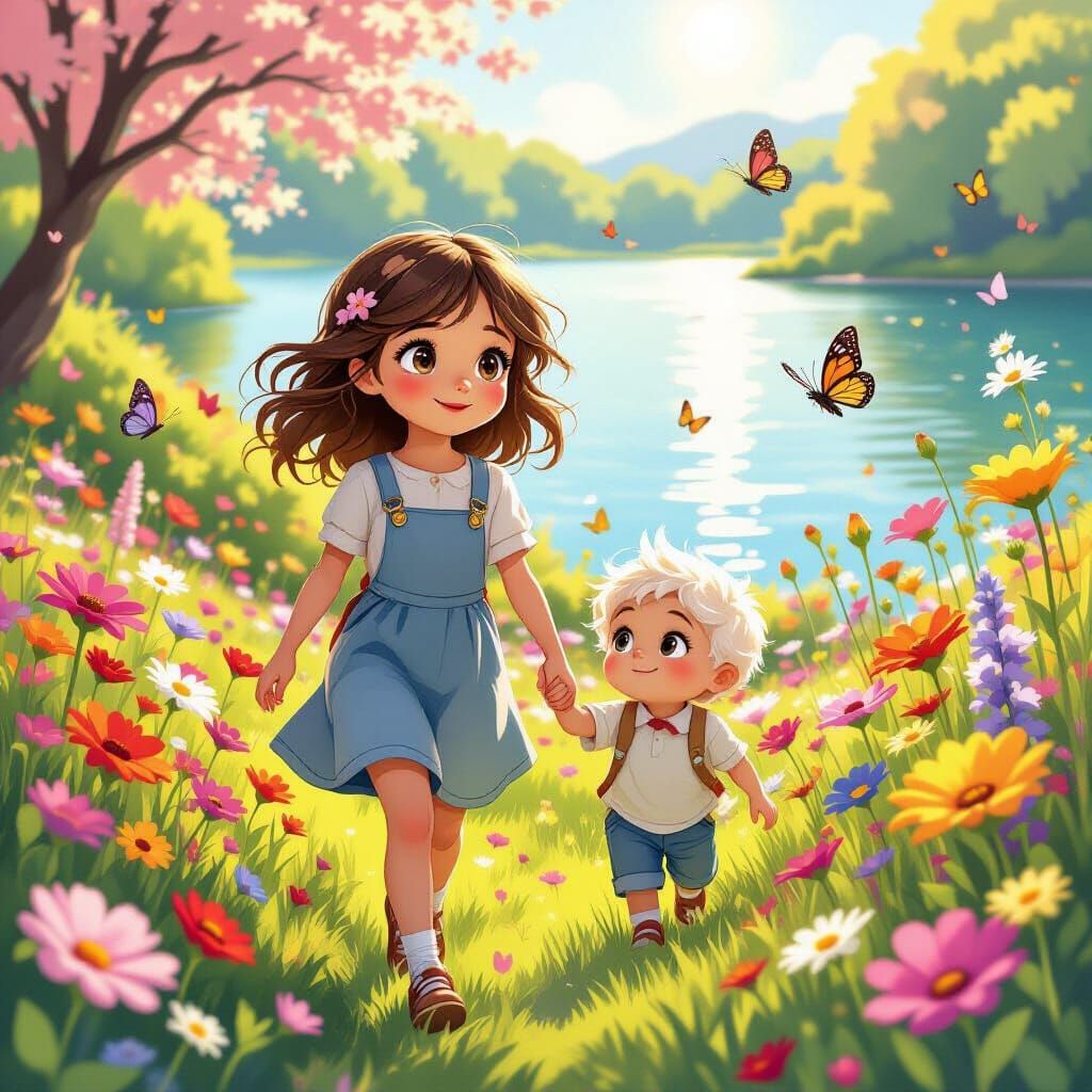 Romantic Girl Walks in Spring Nature with Cheerful Kid