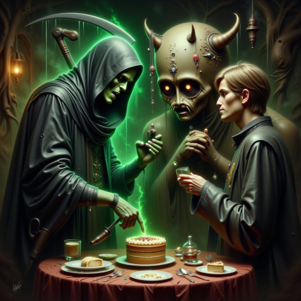 Grim Reaper Offers Cake or Death in Surreal Oil Painting