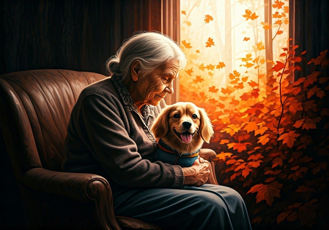 Woman and Service Dog: Impressionistic Autumn Scene