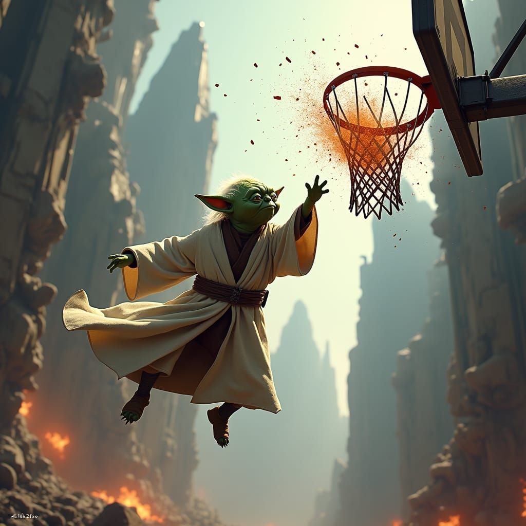 Yoda Slam Dunks in a Ruined Cityscape
